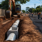 Máquina trabalha em obra de drenagem e pavimentação de rua em bairro de Campo Grande, Mato Grosso do Sul