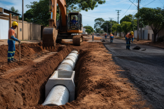 Máquina trabalha em obra de drenagem e pavimentação de rua em bairro de Campo Grande, Mato Grosso do Sul