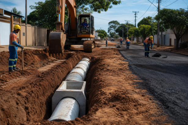 Máquina trabalha em obra de drenagem e pavimentação de rua em bairro de Campo Grande, Mato Grosso do Sul