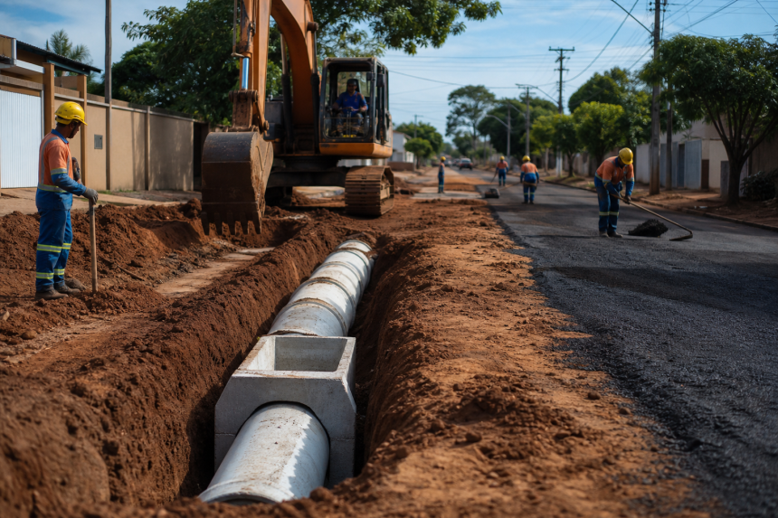 Máquina trabalha em obra de drenagem e pavimentação de rua em bairro de Campo Grande, Mato Grosso do Sul
