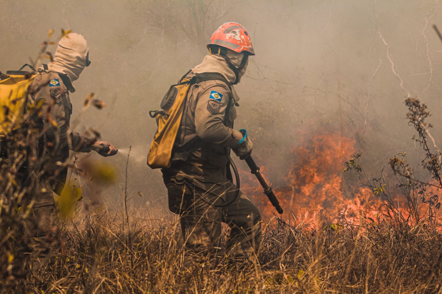 Bombeiros combatem um incêndio florestal em área de vegetação seca no Mato Grosso.